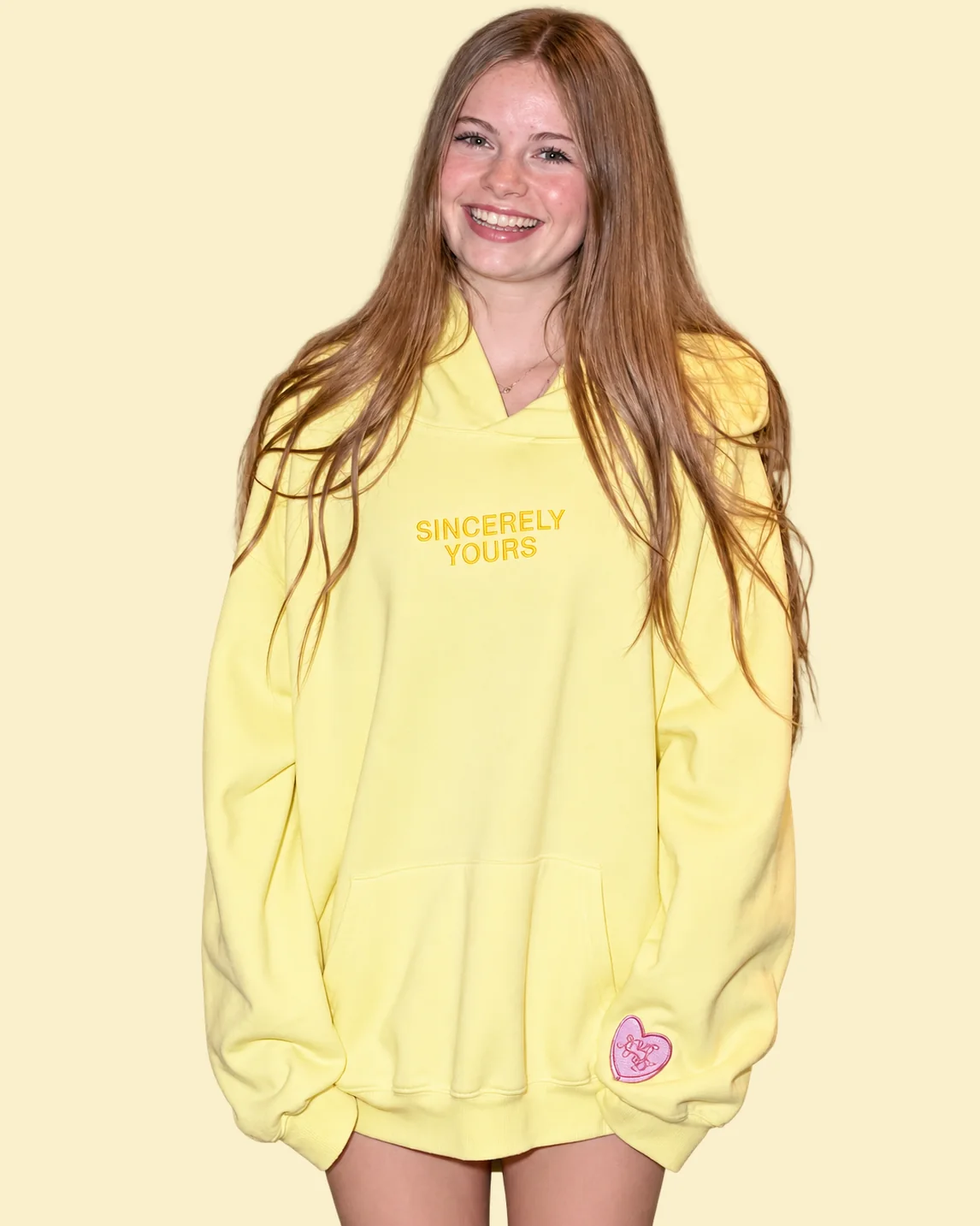Sincerely Yours yellow knit hoodie, worn