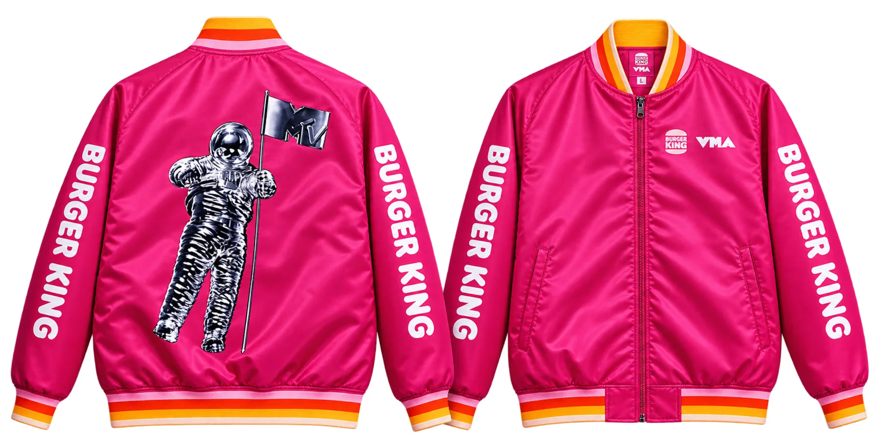 Front and back of the pink satin bomber made for Burger King at the MTV VMAs