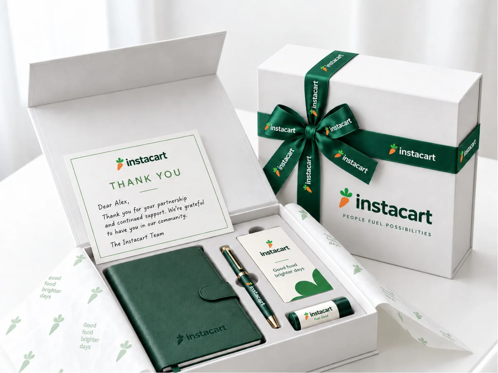 Instacart thank-you kit by Better Swag: white box with green ribbon, notebook, pen and a thank-you card