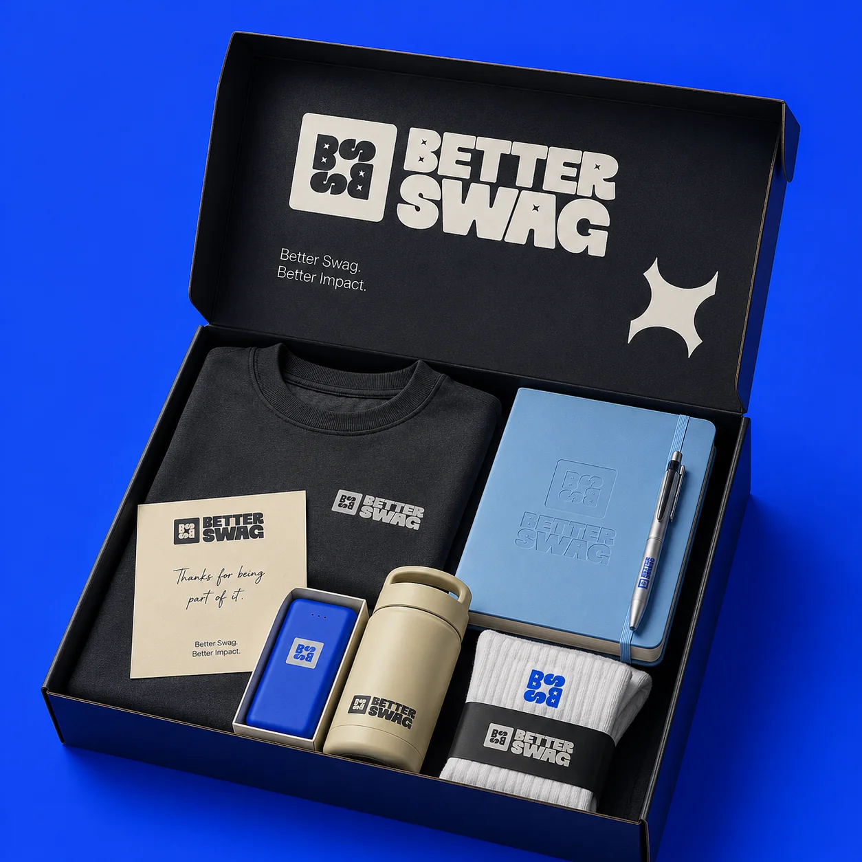 Blue onboarding kit box with tee, notebook, socks and tumbler