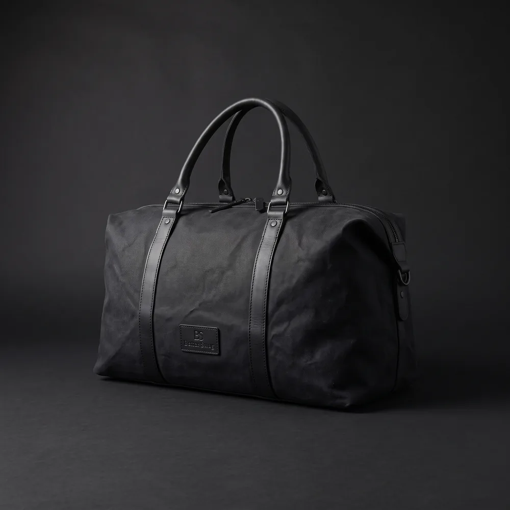 Black waxed duffel with debossed patch
