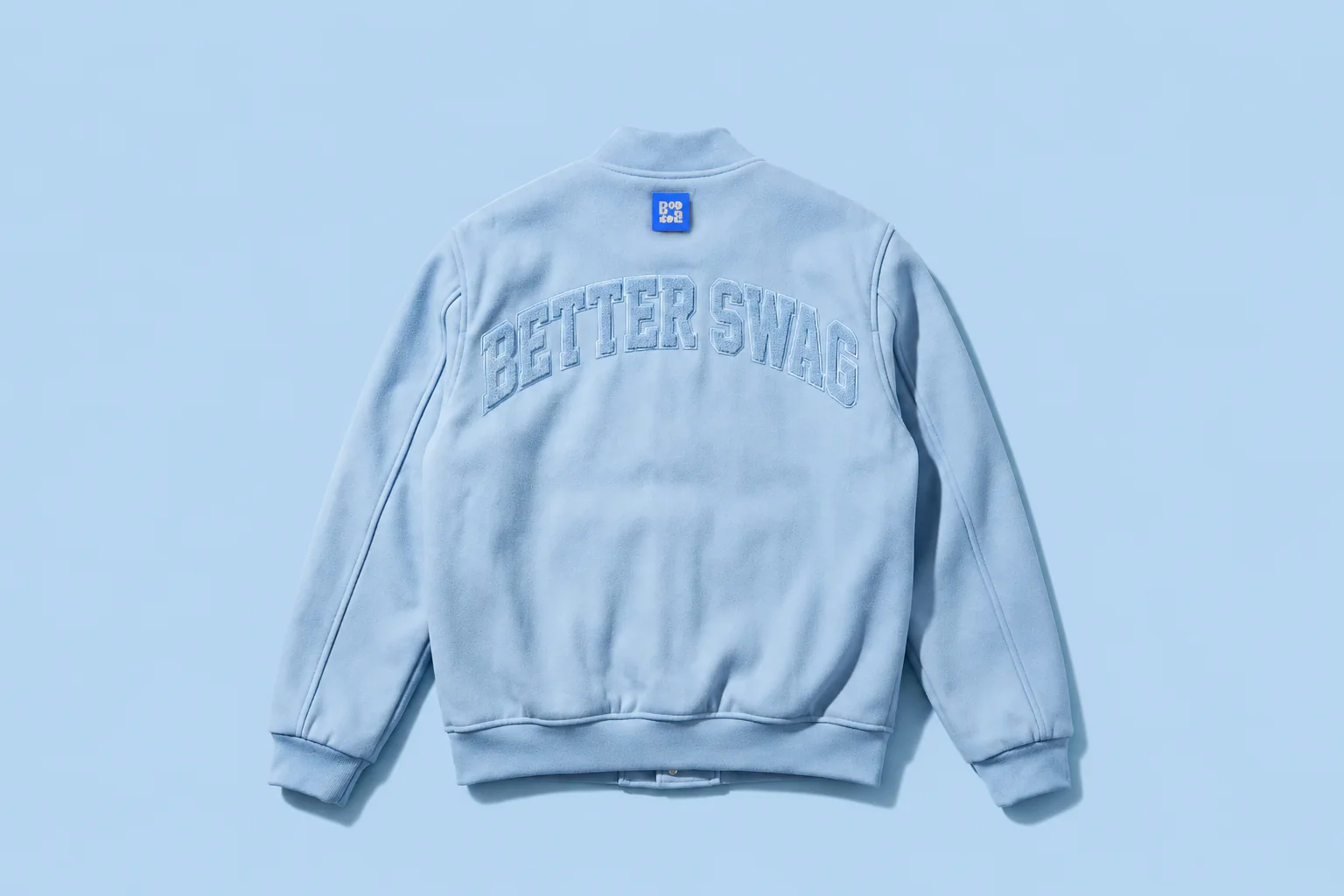 Custom light-blue varsity jacket with tonal chenille lettering