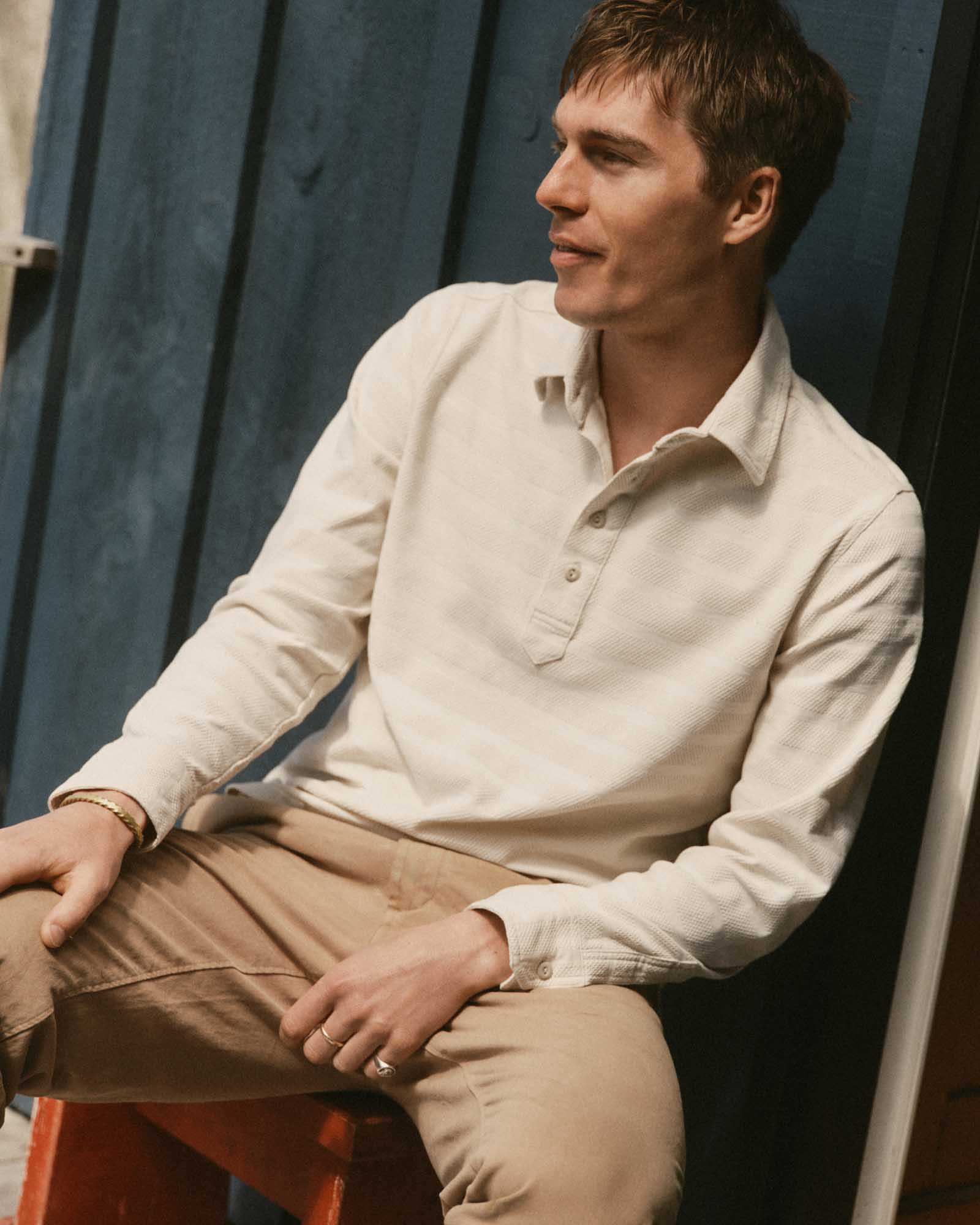 The Long Sleeve Polo in Vintage White Knit Stripe 2