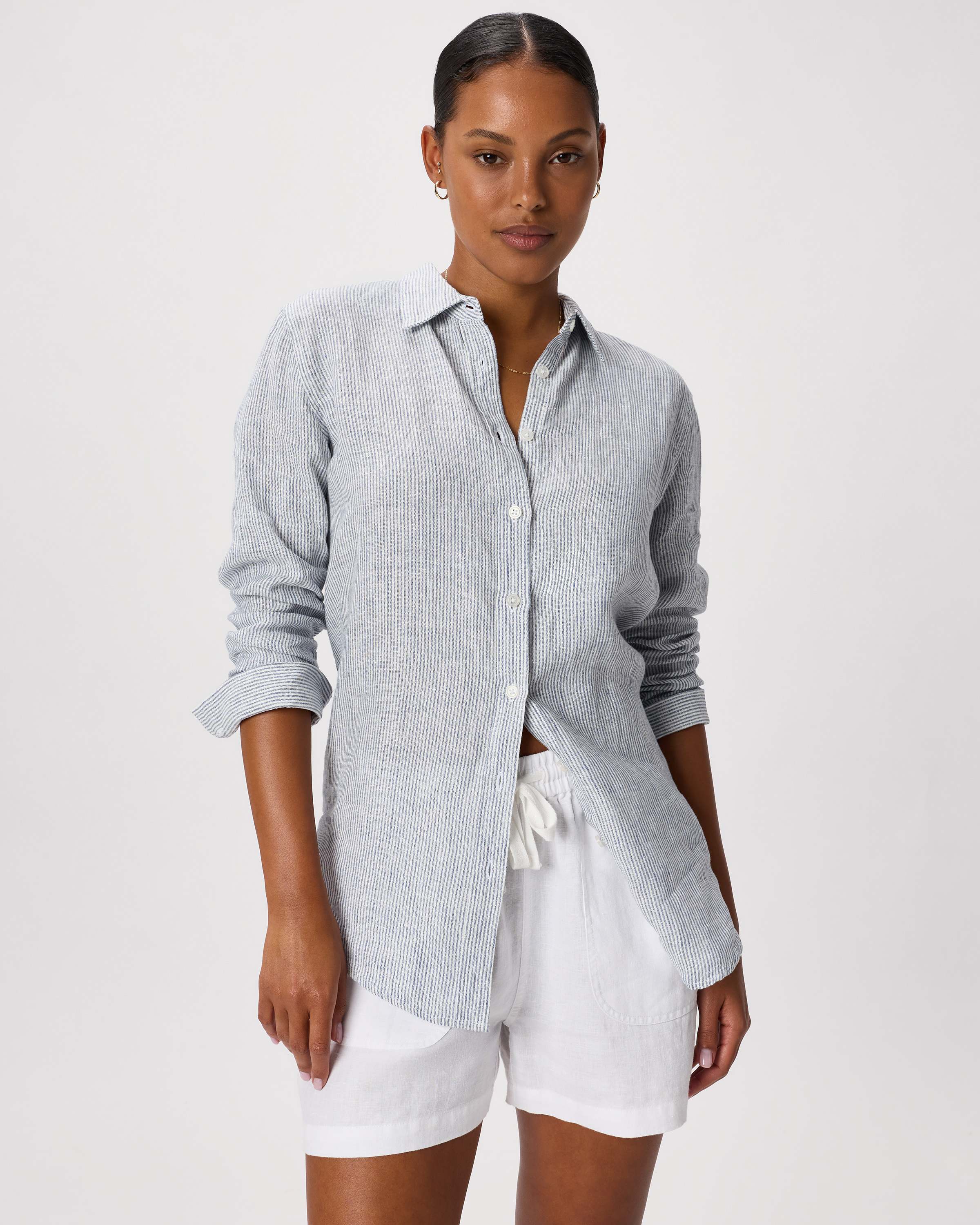100% European Linen Long Sleeve Shirt Blue Pinstripe