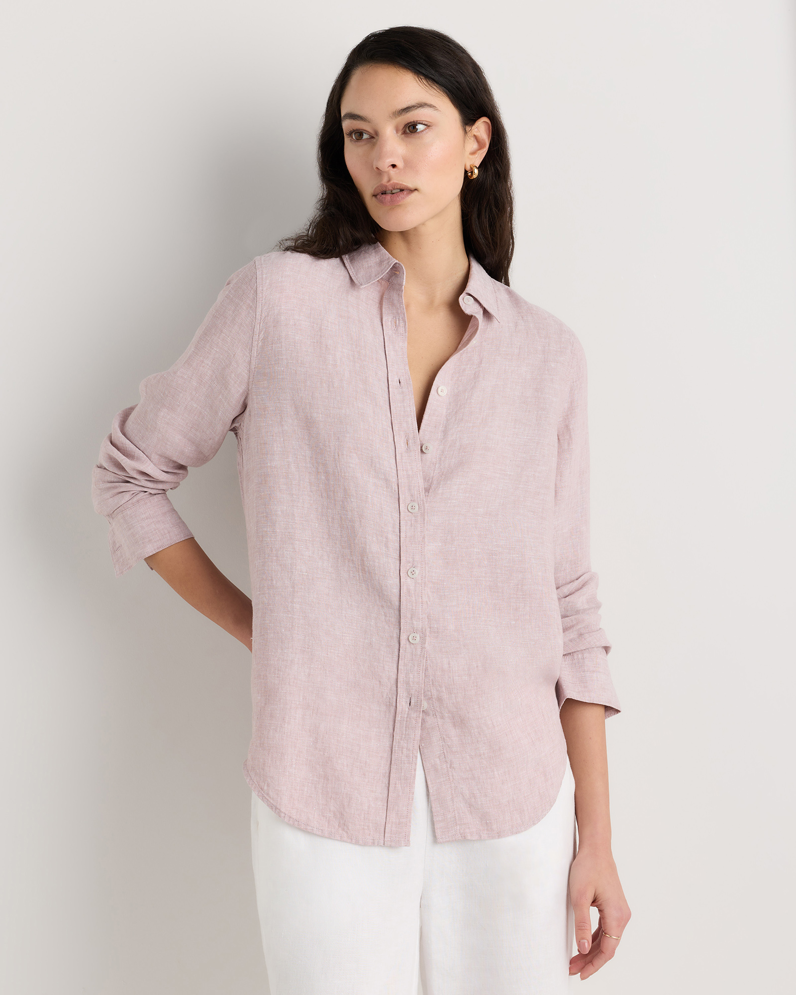 100% European Linen Long Sleeve Shirt Vintage Pink Chambray
