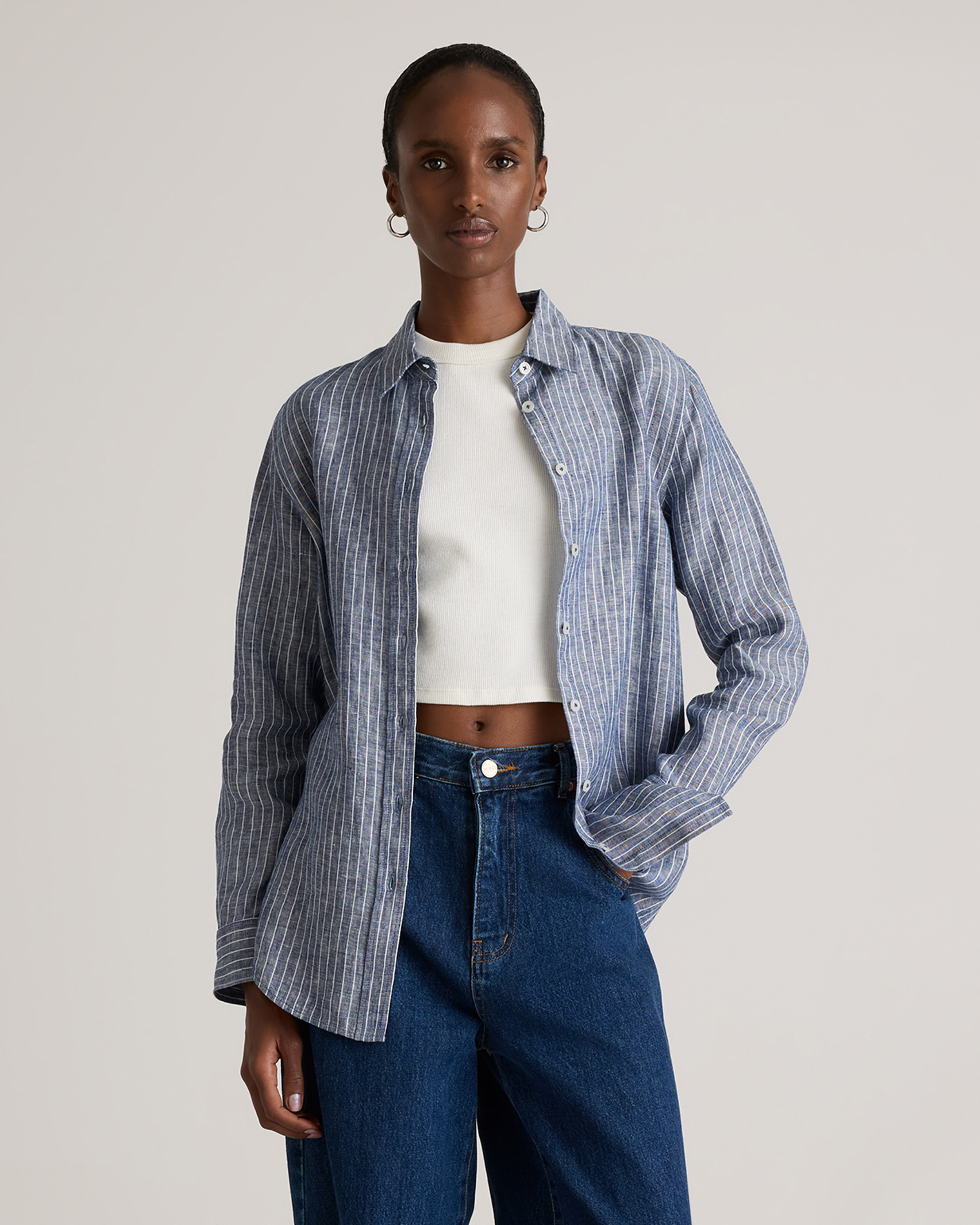100% European Linen Long Sleeve Shirt Chambray Stripe