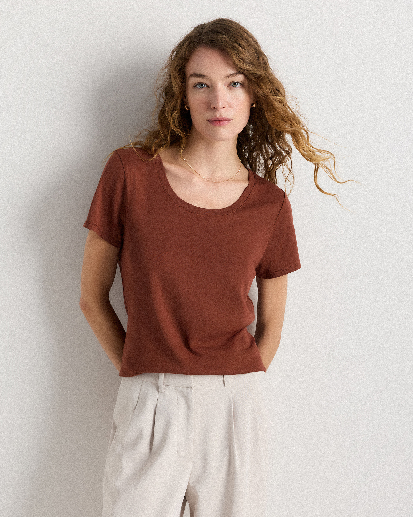 Cotton Modal Scoop Neck Tee Redwood Brown
