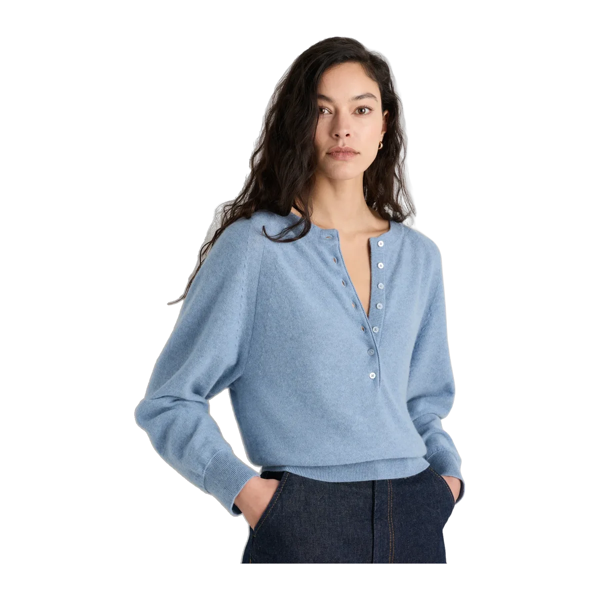 Mongolian Cashmere Dolman Sleeve Henley Sweater