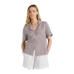 100% European Linen Short Sleeve Shirt Taupe Brown Gingham