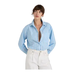 100% Organic Cotton Poplin Long Sleeve Boyfriend Shirt Delta Blue Double Stripe