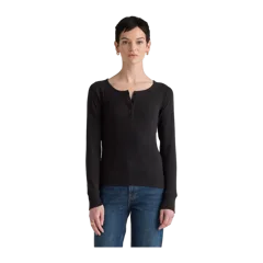 Organic Cotton Micro-Rib Henley Long Sleeve Tee Black