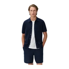 100% Organic Cotton Mesh-Stitch Button-Up Sweater Polo Navy
