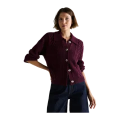 Australian Merino Wool Collared Cable Cardigan Barolo Burgundy