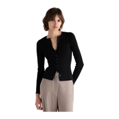 Cotton Cashmere Fitted Ribbed Cardigan Black