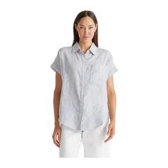 100% European Linen Camp Shirt Blue Pinstripe